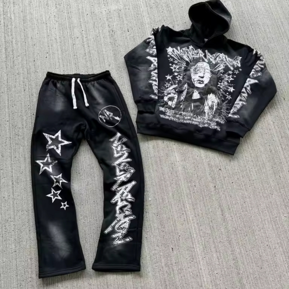 Black Hoodie and Sweatpants with Graphic Design